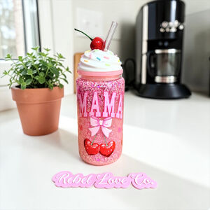 Handmade Pink Glitter Snowglobe Style Glass Tumbler, Whip Cream Lid, MAMA 16oz